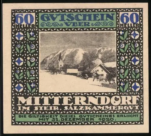 Notgeld Mitterndorf 1920, 60 Heller, Winterlandschaft mit verschneiten Häusern und Bergen
