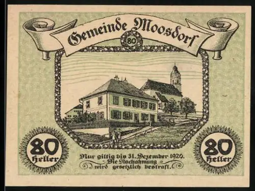 Notgeld Moosdorf 1920, 80 Heller, Gebäude und Kirche im ländlichen Dorf
