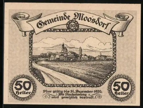 Notgeld Moosdorf 1920, 50 Heller, Dorfansicht mit Kirche und Weg