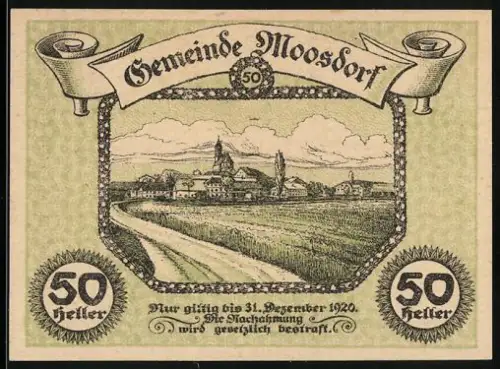 Notgeld Moosdorf 1920, 50 Heller, Dorflandschaft mit Kirche und Feldern