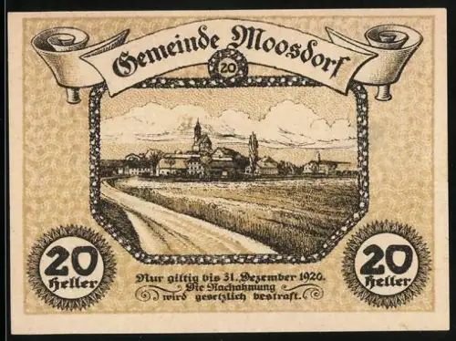 Notgeld Moosdorf 1920, 20 Heller, Dorflandschaft mit Kirche und Feldern