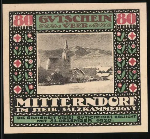 Notgeld Mitterndorf 1920, 80 Heller, Landschaft mit Kirche und Bergen im Hintergrund
