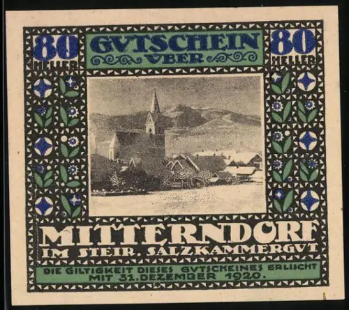 Notgeld Mitterndorf 1920, 80 Heller, Dorfansicht mit Kirche und dekorativem Blumenmuster