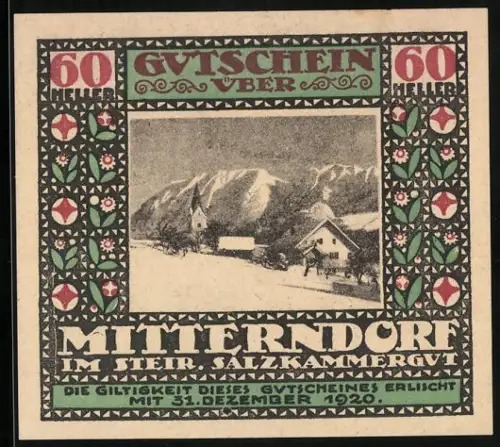 Notgeld Mitterndorf 1920, 60 Heller, winterliche Landschaft im Salzkammergut