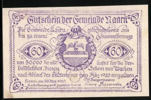 Notgeld Naarn 1920, 60 Heller, Wappen und Landschaft mit Schlossansicht