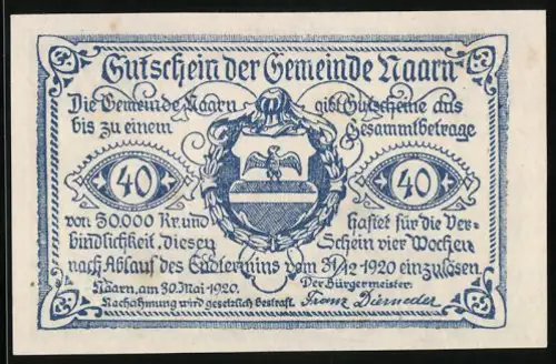Notgeld Naarn 1920, 40 Heller, Wappen mit Adler und Dorfansicht mit Kirche und Landschaft