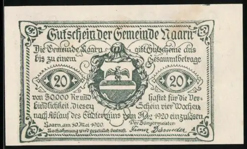 Notgeld Naarn 1920, 20 Heller, Schulgebäude und Wappen mit Adler