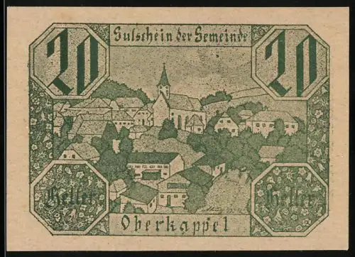 Notgeld Oberkappel 1920, 20 Heller, Dorflandschaft mit Kirche und Blumenmuster