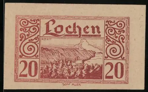 Notgeld Lochen 1920, 20 Heller, Landschaftsmotiv mit dekorativem Rahmenmuster