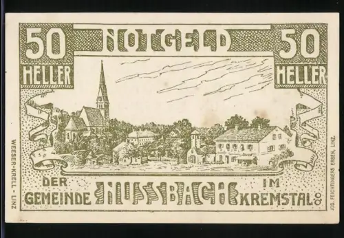 Notgeld Nussbach 1920, 50 Heller, Dorfansicht mit Kirche und Gebäuden