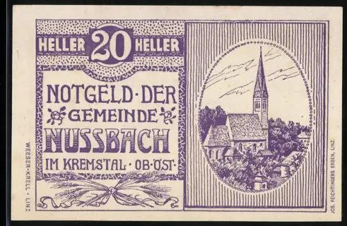 Notgeld Nussbach 1920, 20 Heller, Kirche und Landschaftsmotiv im Ovalrahmen