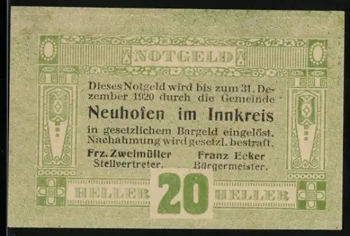 Notgeld Neuhofen im Innkreis 1920, 20 Heller, Text und dekorative Muster