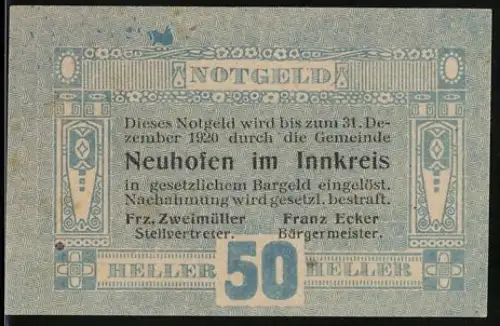 Notgeld Neuhofen im Innkreis 1920, 50 Heller, Text mit Ornamenten und Gemeindeinformationen