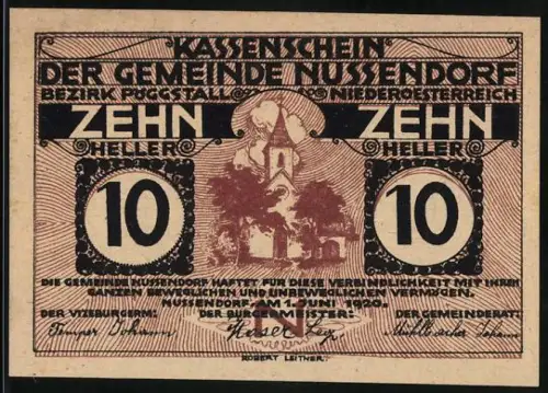 Notgeld Nussendorf 1920, 10 Heller, Kirche und dekoratives Muster