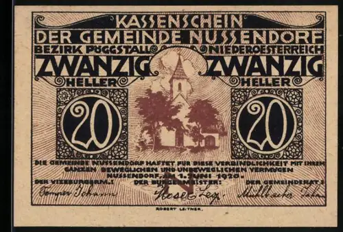 Notgeld Nussendorf 1920, 20 Heller, Kirche und Ornamente