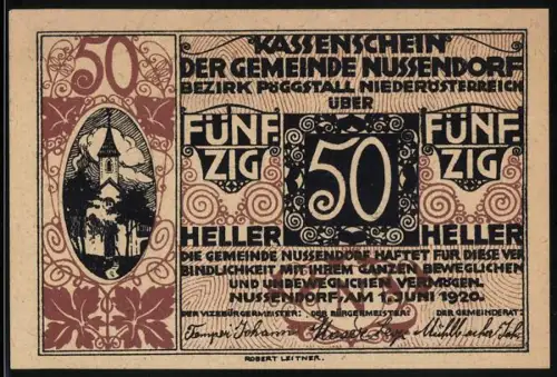 Notgeld Nussendorf 1920, 50 Heller, Kirche und florales Muster