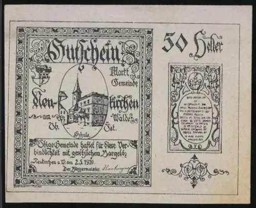 Notgeld Neukirchen am Walde 1920, 50 Heller, Gebäude und Inschriften im Jugendstil
