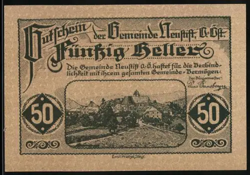 Notgeld Neustift 1920, 50 Heller, Dorflandschaft und historische Gebäude mit Madonna-Motiv
