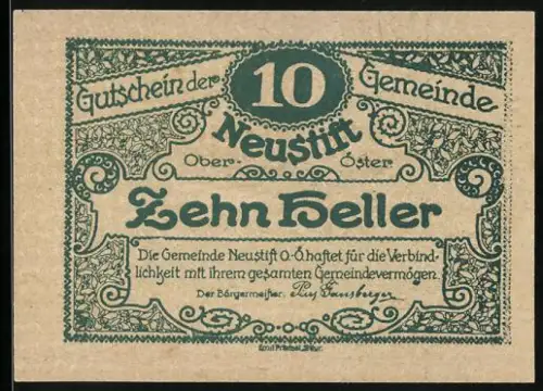 Notgeld Neustift 1920, 10 Heller, Landschaft mit Gebäuden und Bergen im Hintergrund