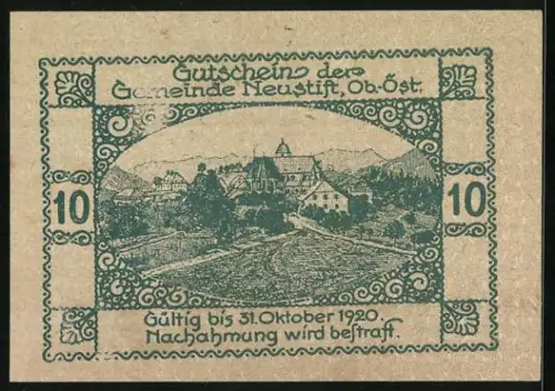 Notgeld Neustift 1920, 10 Heller, Landschaft mit Gebäuden und Bergen im Hintergrund
