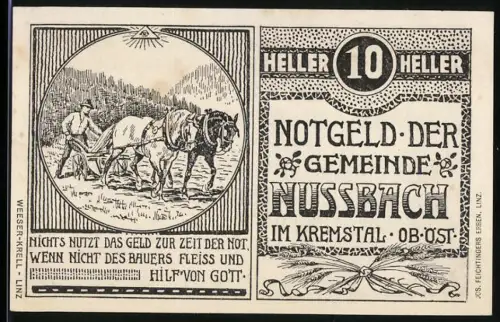 Notgeld Nussbach 1920, 10 Heller, Bauer mit Pferdegespann und Spruch über Fleiss und Gottes Hilfe
