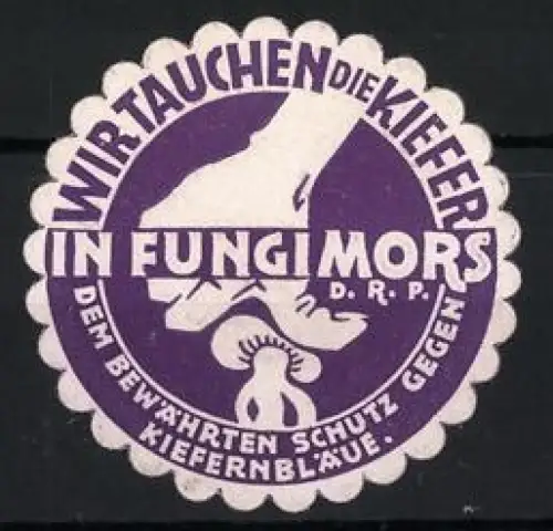 Reklamemarke Wir tauchen die Kiefer in Fungimors, Fungizid gegen Kiefernbläue, Hand mit Pilz