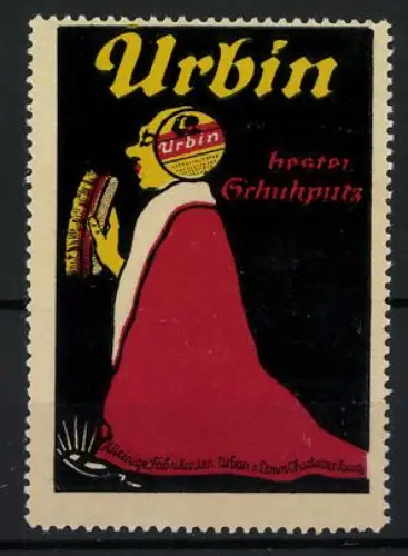 Reklamemarke Berlin-Charlottenburg, Urbin Schuhputz, Mann mit Schuhputzbürste