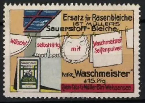 Reklamemarke Berlin-Weissensee, Ersatz für Rasenbleiche, Wäscheleine mit Waschmeister Seifenpulver