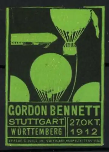 Reklamemarke Stuttgart, Gordon Bennett 1912, Gasballons und Luftschiff Zeppelin, grün-schwarz