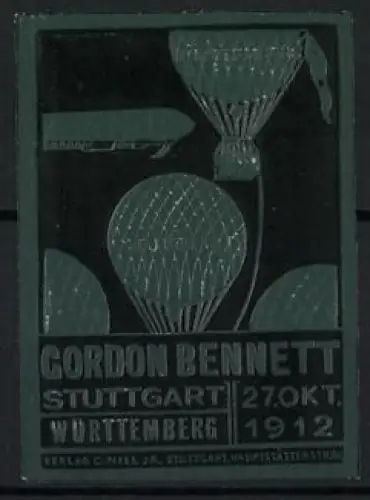 Reklamemarke Stuttgart, Gordon Bennett 1912, Gasballons, Zeppelin - Luftschiff, grau-schwarz