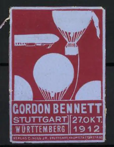 Reklamemarke Stuttgart, Gordon Bennett 1912, Gasballons, Zeppelin - Luftschiff, rot-beige