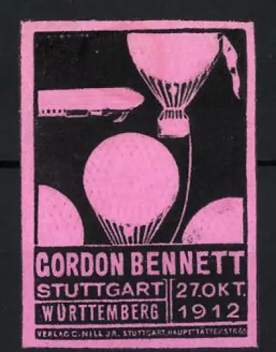 Reklamemarke Stuttgart, Gordon Bennett 1912, Gasballons, Zeppelin - Luftschiff, schwarz-rosa