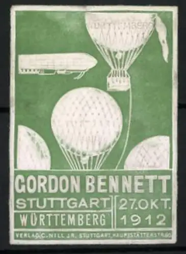 Reklamemarke Stuttgart, Gordon Bennett 1912, Gasballons, Zeppelin - Luftschiff, grün-weiss