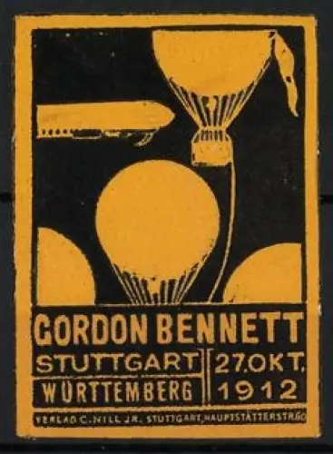 Reklamemarke Stuttgart, Gordon Bennett 1912, Gasballons, Zeppelin - Luftschiff, schwarz-gelb