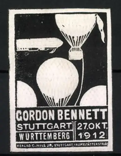 Reklamemarke Stuttgart, Gordon Bennett 1912, Gasballons, Zeppelin - Luftschiff, schwarz-weiss