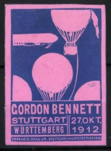 Reklamemarke Stuttgart, Gordon Bennett 1912, Gasballons, Zeppelin - Luftschiff, blau-pink