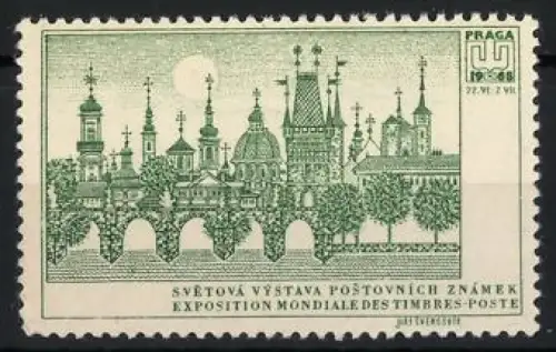 Reklamemarke Prag 1968, Exposition Mondiale des Timbres-Poste, Stadtansicht mit Türmen & Brücke