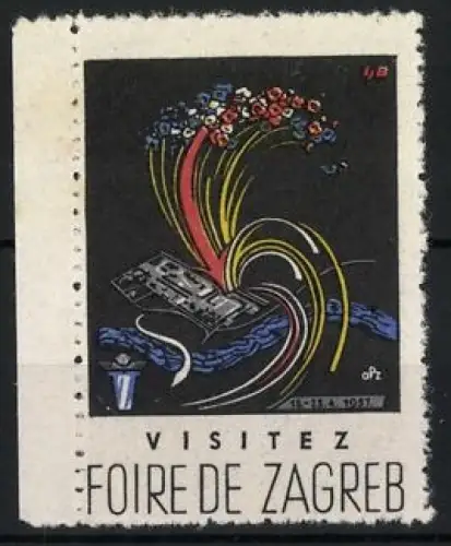 Reklamemarke Zagreb, Visitez Foire de Zagreb, Blumenstrauss und Stadtwappen