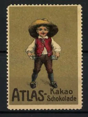 Reklamemarke Atlas Kakao-Schokolade, Knabe als Cowboy mit Hut und Weste