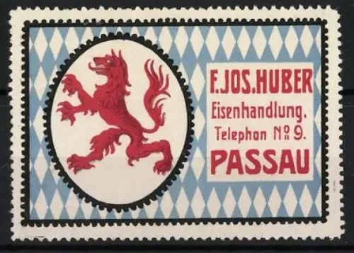 Reklamemarke Passau, F. Jos. Huber Eisenhandlung, Wappen roter Löwe