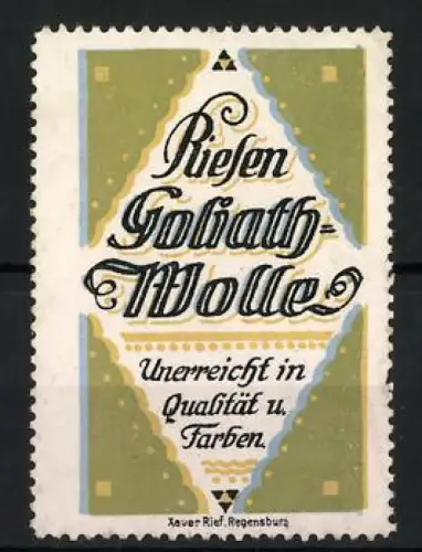 Reklamemarke Riesen Goliath-Wolle, Strickwolle, Schriftzug und Muster