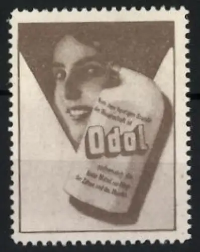 Reklamemarke Odol Mundwasser, Frau mit Flasche