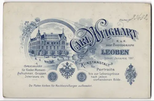 Fotografie Carl Weighart, Leoben, Stadt Josefee 187, Ansicht Leoben, Blick auf das Atelierhais mit Werbeauschrift