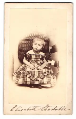 Fotografie A. Briesemeister, Schweidnitz, CDV eines jungen Mädchens Elisabeth Charlotte im karierten Kleid, 1869