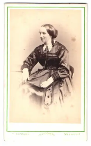 Fotografie T. Richard, Maendorf, Sitzende Dame im eleganten Kleid