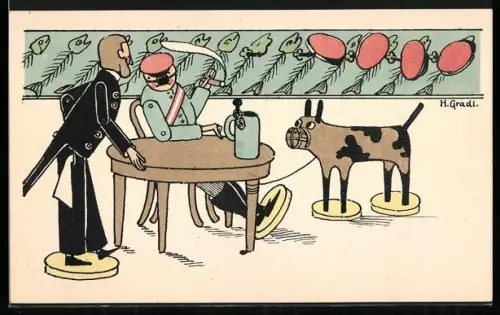 Künstler-AK Spielzeug-Student, Kellner und Hund aus Holz