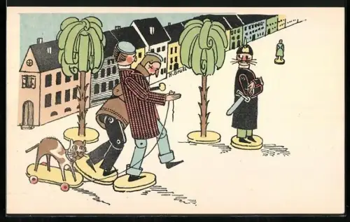 Künstler-AK Zwei betrunkene Spielzeugfiguren mit Katze werden von einem Polizisten beobachtet