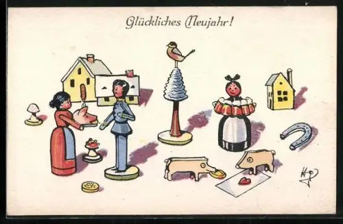 AK Dorfszene mit Glücksschwein und Hufeisen, Holzspielzeug, Glückliches Neujahr