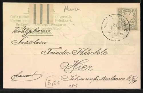 Präge-AK 20 Mark-Münzen mit Porträt von Kaiser Wilhelm II. auf einem Kleeblatt, Neujahrsgruss