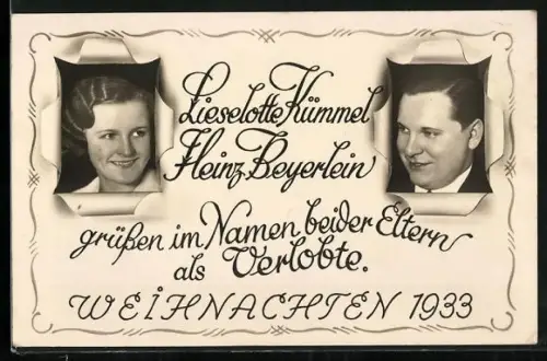 Foto-AK Weihnachten 1933, Lieselotte Kümmel und Heinz Beyerlein grüssen als Verlobte, Porträts